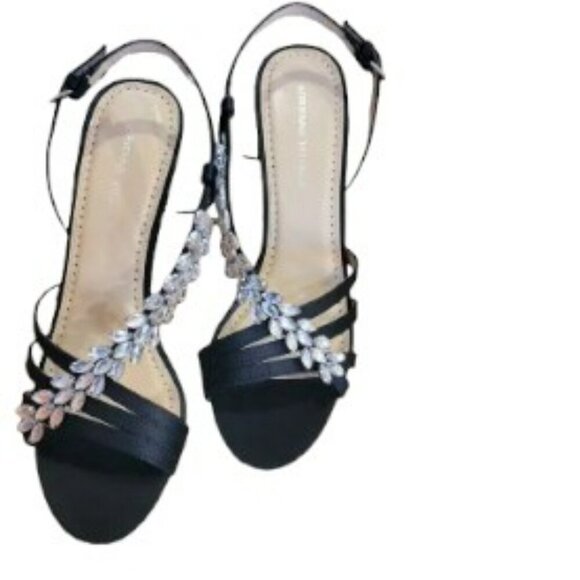 Adrienne Vittadini Black Strappy Crystal Stone Evening High Heels - Picture 1 of 4